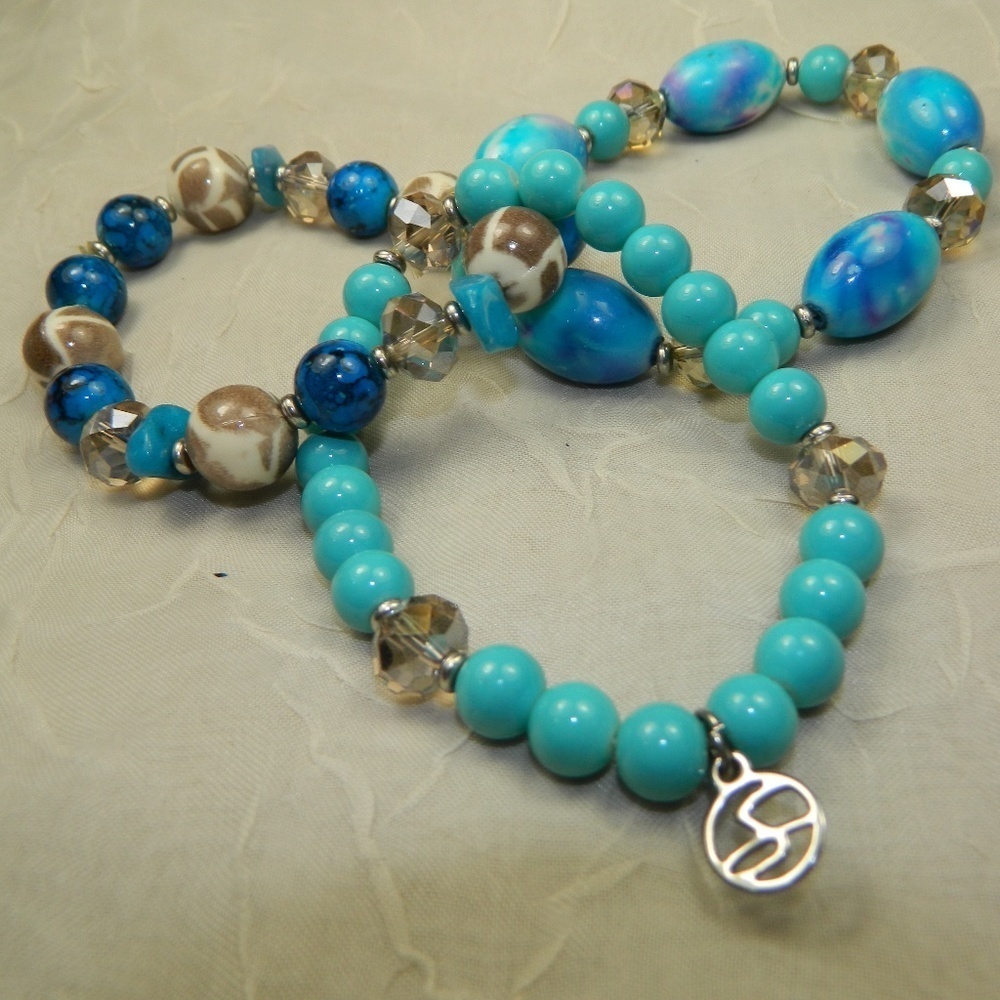 Set of 3 Blue Tan Glass Bead Bracelets Crystal Stretch Stack Boho Layered